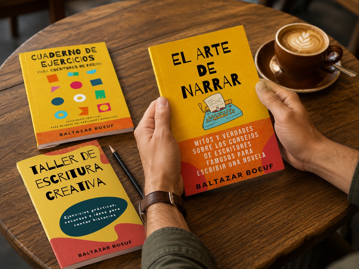 El arte de narrar en una mesa de lectura con café y otros libros del taller