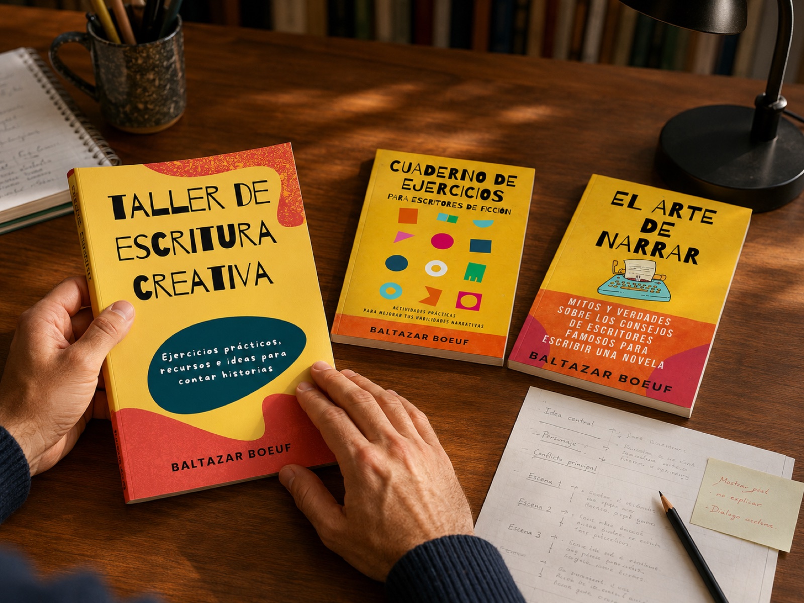 Los tres libros del taller de escritura sobre una mesa de trabajo con apuntes y lápices